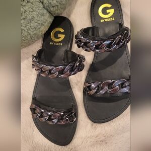 Guess Women's Black Metallic Chain Sandals